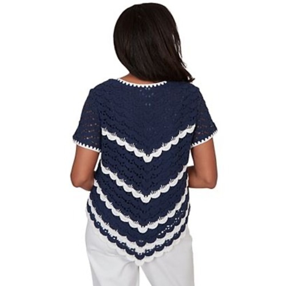 Alfred Dunner XL Crochet Top Navy White Chevron Scalloped Nautical Tunic 781 - Picture 3 of 11